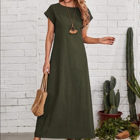 Dresses | Casual Tall Army Green Cotton Maxi Dress | Poshmark